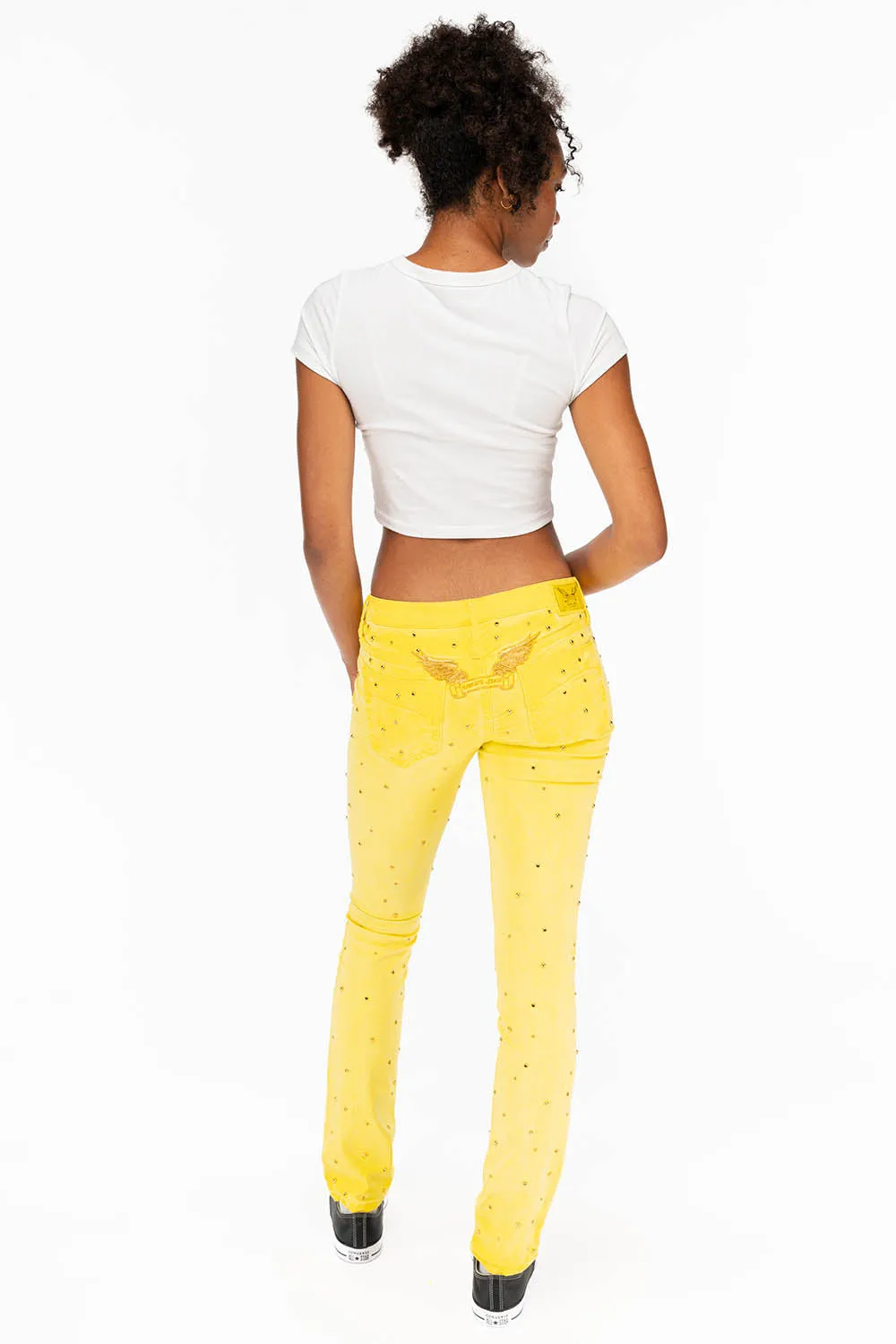 MARILYN LOW RISE WOMENS STUDDED STRAIIGHT LEG JEANS IN OIL YELLOW WITH TONAL WINGS AND CRYSTALS sold by Robin's Jean product image thumbnail 4