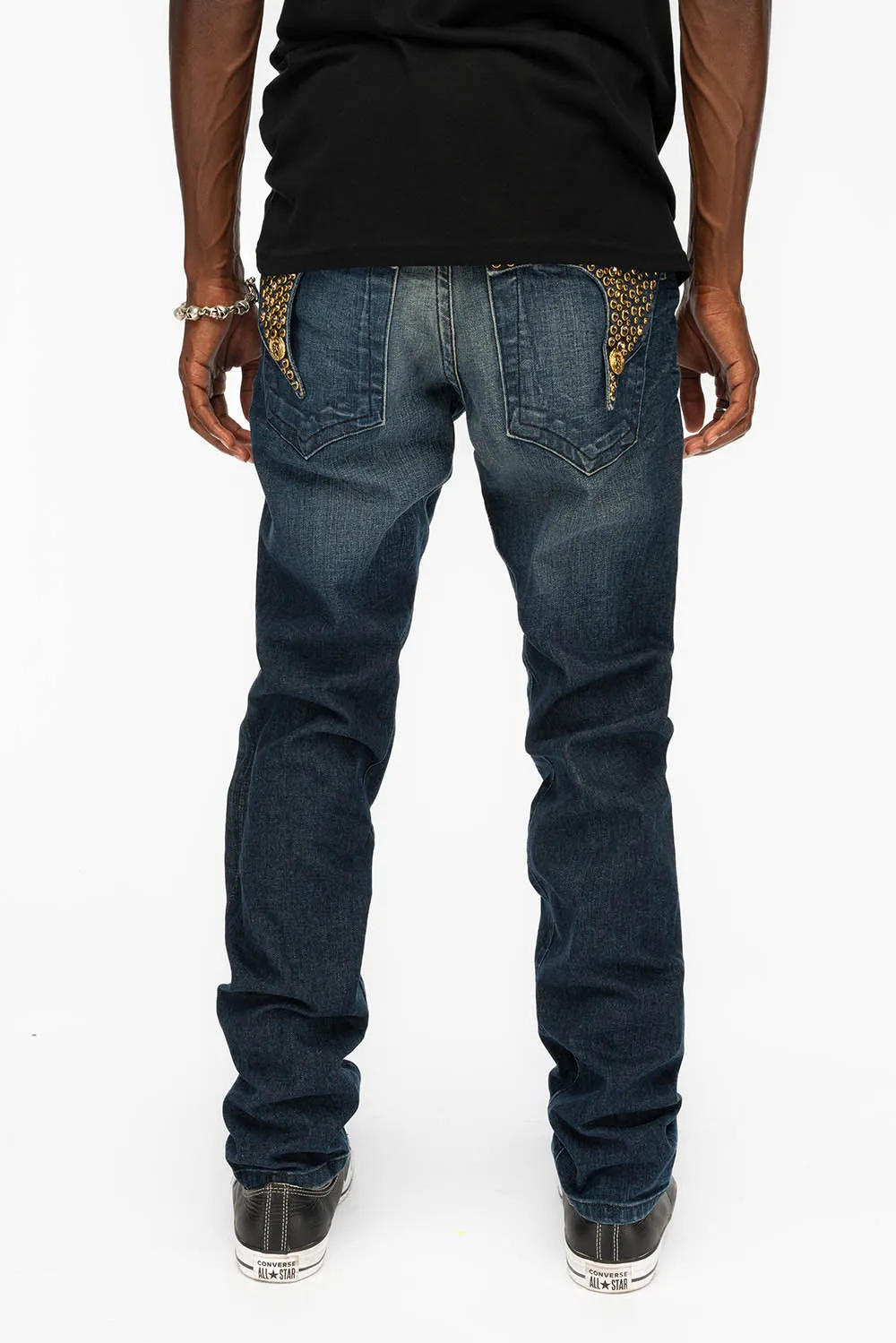 KILLER FLAP MENS SKINNY JEANS IN DARK BLUE WITH GOLD WINGS AND FULL CRYSTAL sold by Robin's Jean product image thumbnail 5