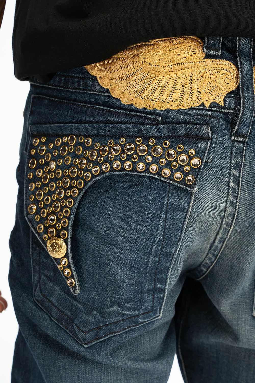 KILLER FLAP MENS SKINNY JEANS IN DARK BLUE WITH GOLD WINGS AND FULL CRYSTAL sold by Robin's Jean product image thumbnail 3