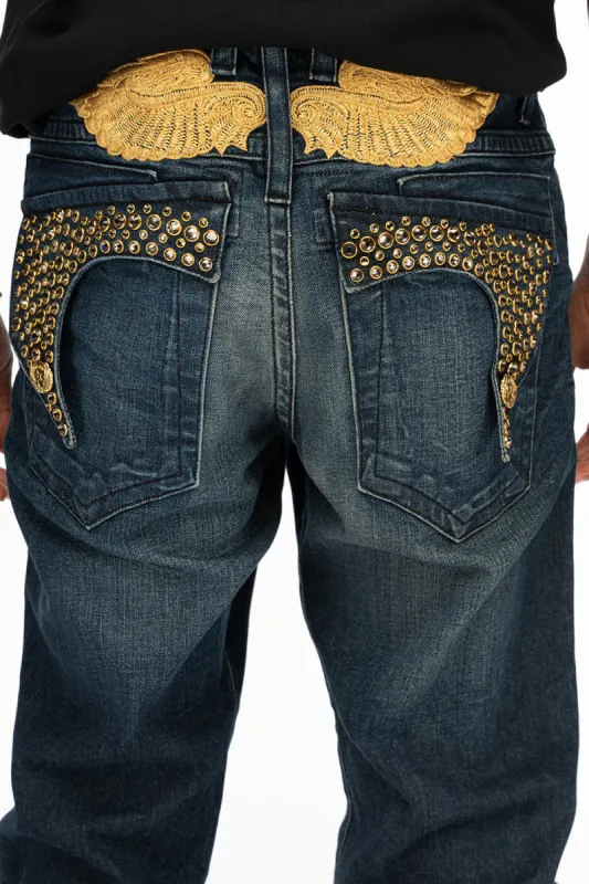 KILLER FLAP MENS SKINNY JEANS IN DARK BLUE WITH GOLD WINGS AND FULL CRYSTAL sold by Robin's Jean