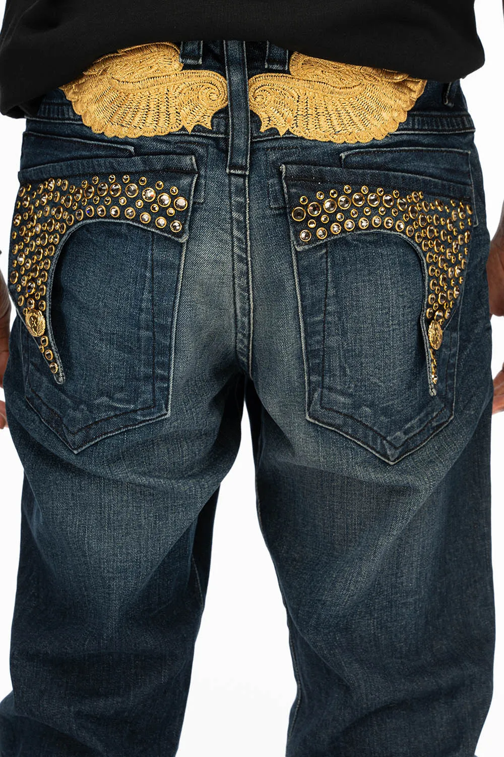 KILLER FLAP MENS SKINNY JEANS IN DARK BLUE WITH GOLD WINGS AND FULL CRYSTAL sold by Robin's Jean