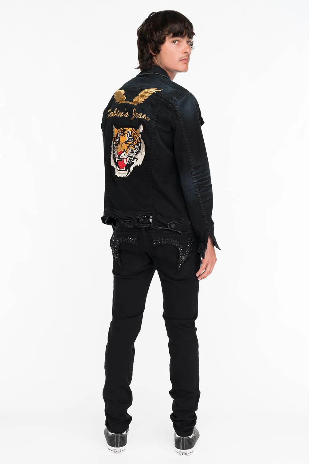 KILLER FLAP MENS SKINNY JEANS IN BLACK ON BLACK WITH CRYSTALS sold by Robin's Jean product image thumbnail 5