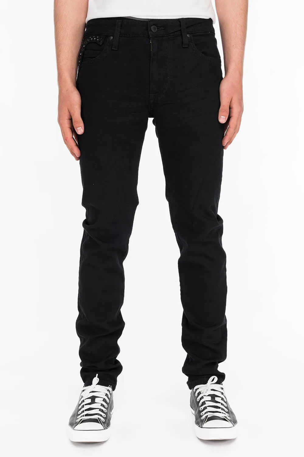 KILLER FLAP MENS SKINNY JEANS IN BLACK ON BLACK WITH CRYSTALS sold by Robin's Jean product image thumbnail 3