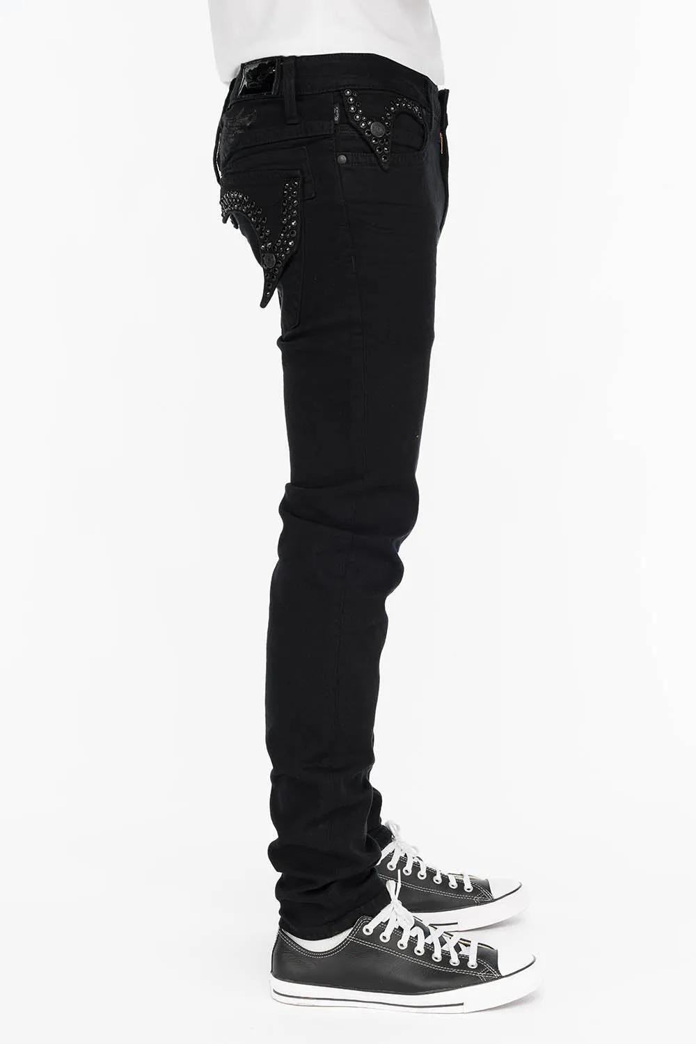 KILLER FLAP MENS SKINNY JEANS IN BLACK ON BLACK WITH CRYSTALS sold by Robin's Jean product image thumbnail 2