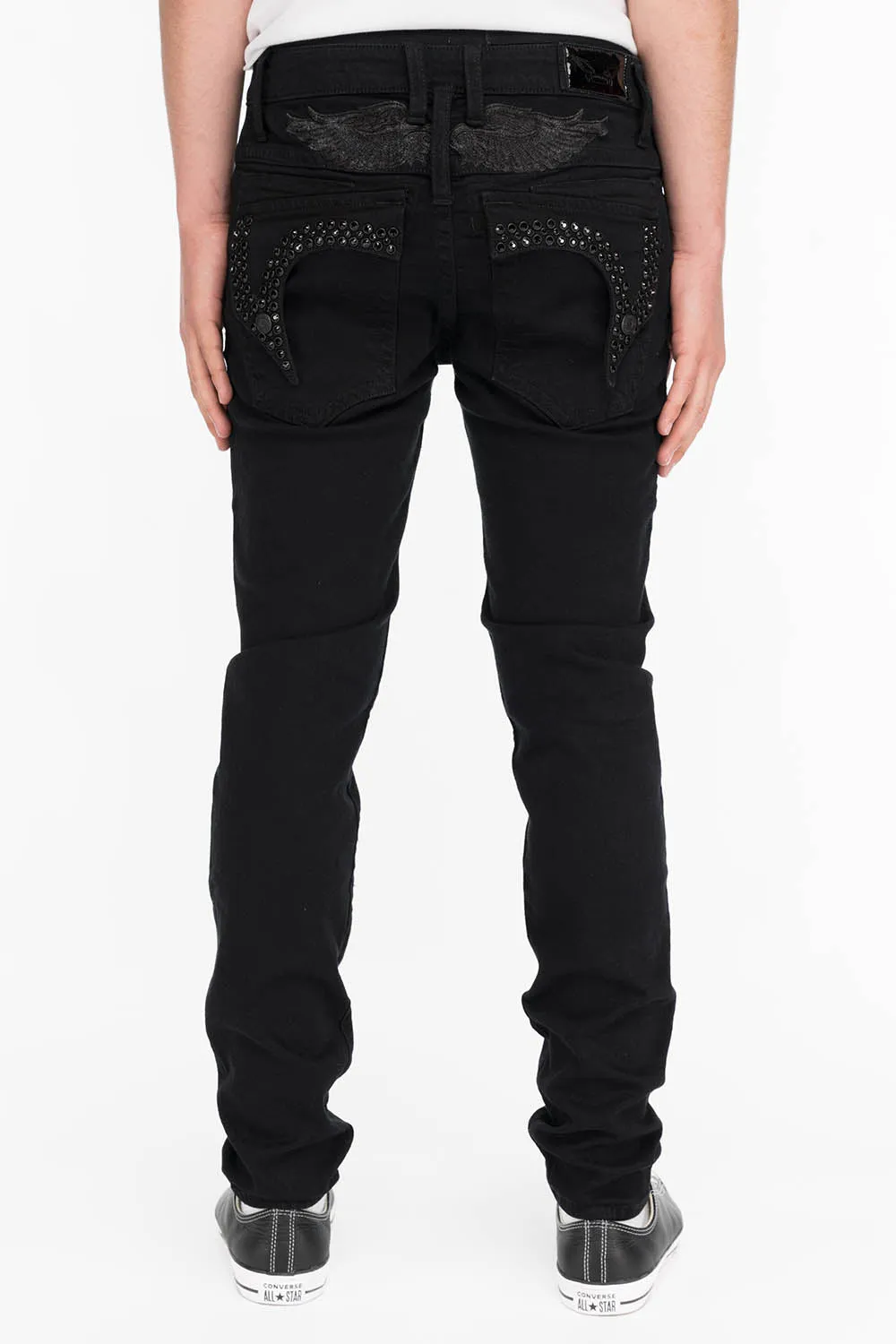 KILLER FLAP MENS SKINNY JEANS IN BLACK ON BLACK WITH CRYSTALS sold by Robin's Jean