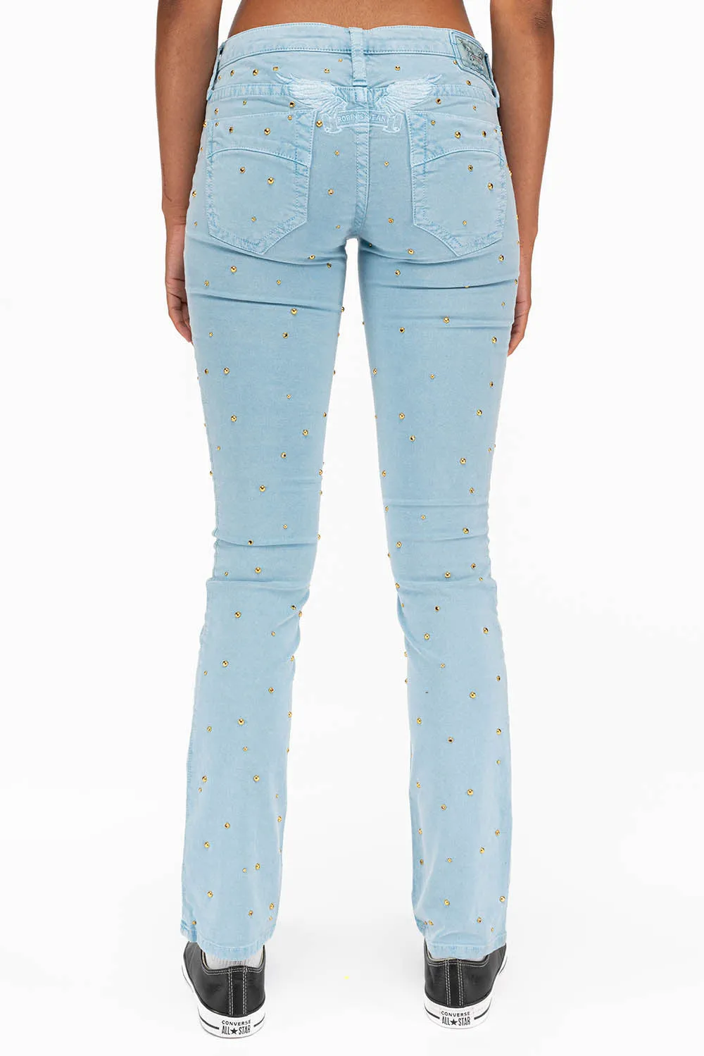 MARILYN LOW RISE WOMENS STUDDED STRAIGHT LEG JEANS IN DULL BLUE WITH TONAL WINGS AND CRYSTALS sold by Robin's Jean product image thumbnail 2
