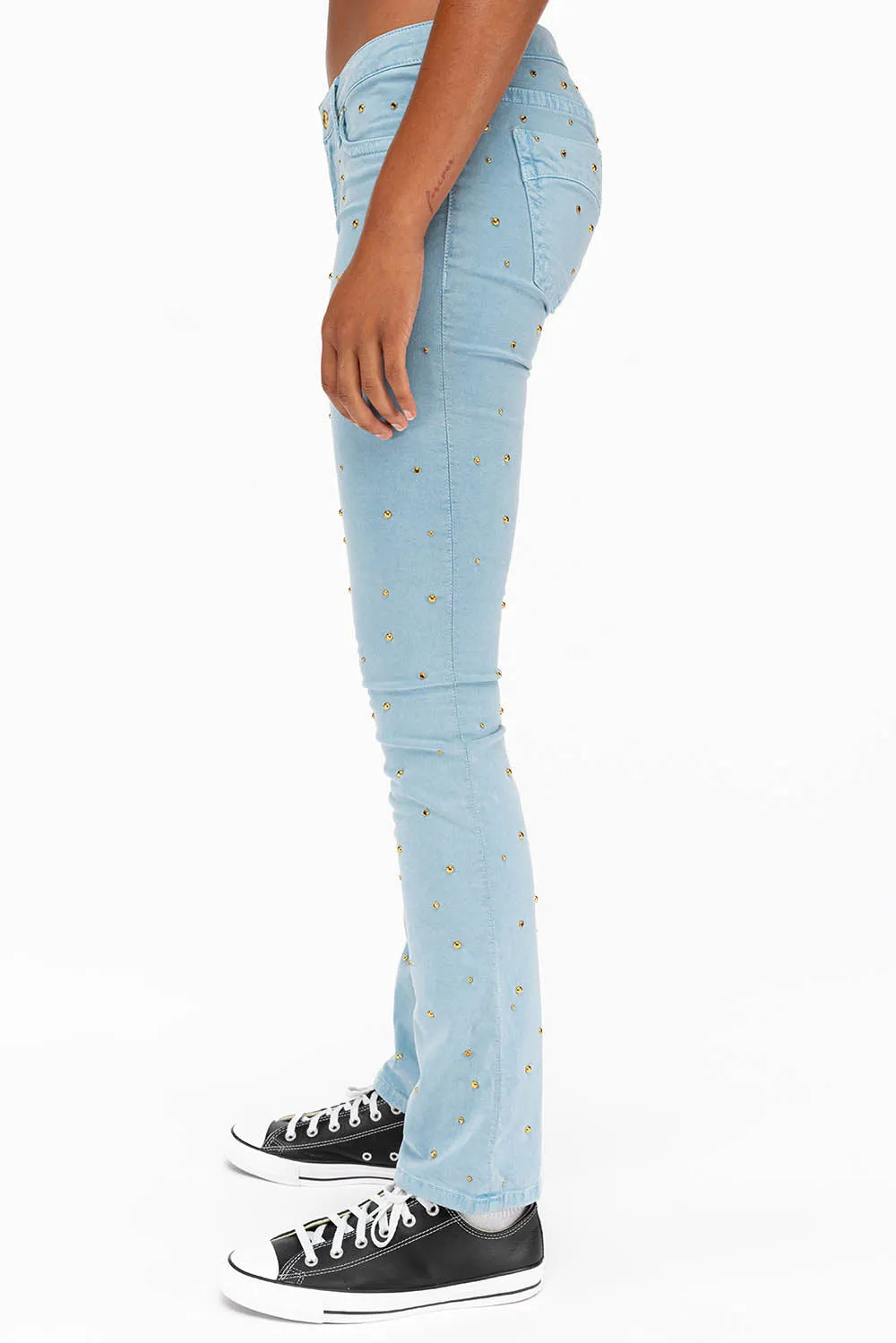 MARILYN LOW RISE WOMENS STUDDED STRAIGHT LEG JEANS IN DULL BLUE WITH TONAL WINGS AND CRYSTALS sold by Robin's Jean product image thumbnail 3