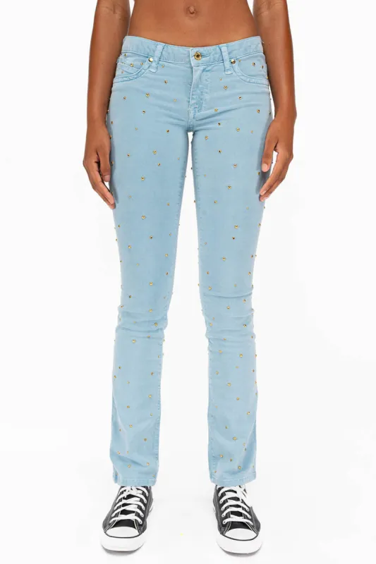 MARILYN LOW RISE WOMENS STUDDED STRAIGHT LEG JEANS IN DULL BLUE WITH TONAL WINGS AND CRYSTALS sold by Robin's Jean