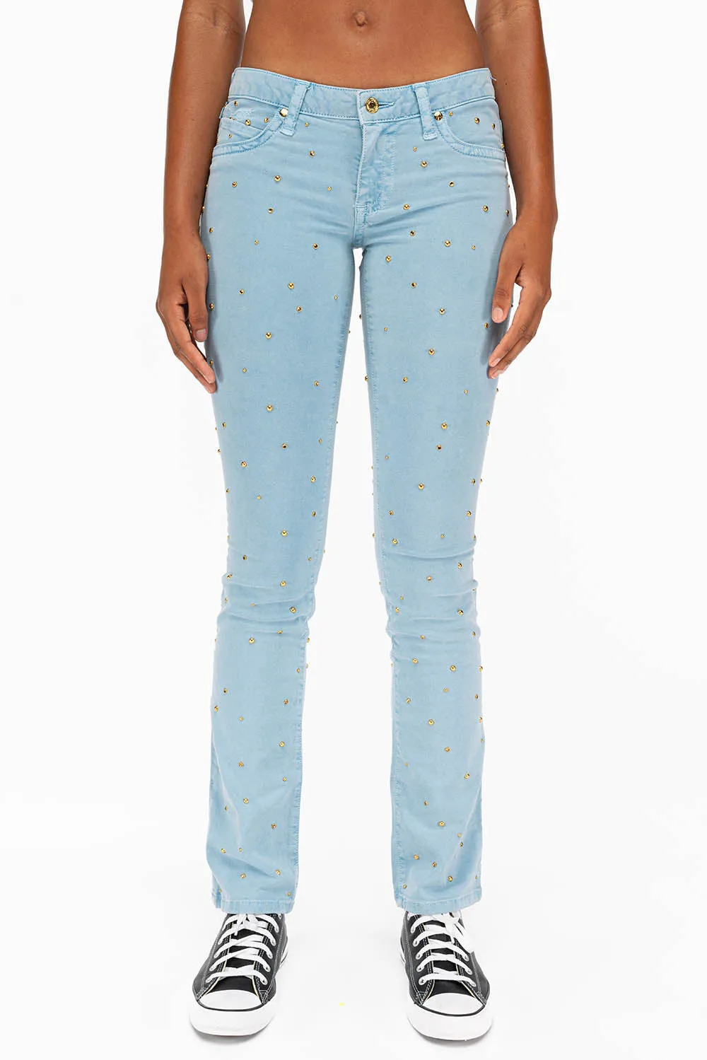 MARILYN LOW RISE WOMENS STUDDED STRAIGHT LEG JEANS IN DULL BLUE WITH TONAL WINGS AND CRYSTALS sold by Robin's Jean