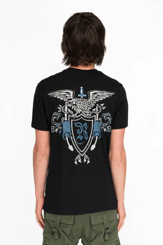 ROBINS HERALDY CREST SILVER GLITTER TEE IN BLACK sold by Robin's Jean