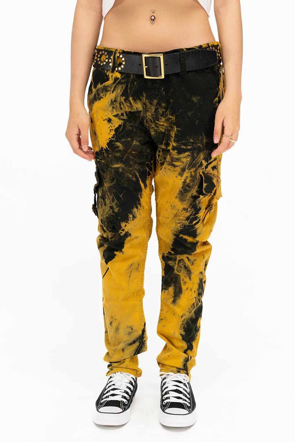 MILITARY STYLE WOMENS CARGO PANTS IN TIE DYE YELLOW sold by Robin's Jean