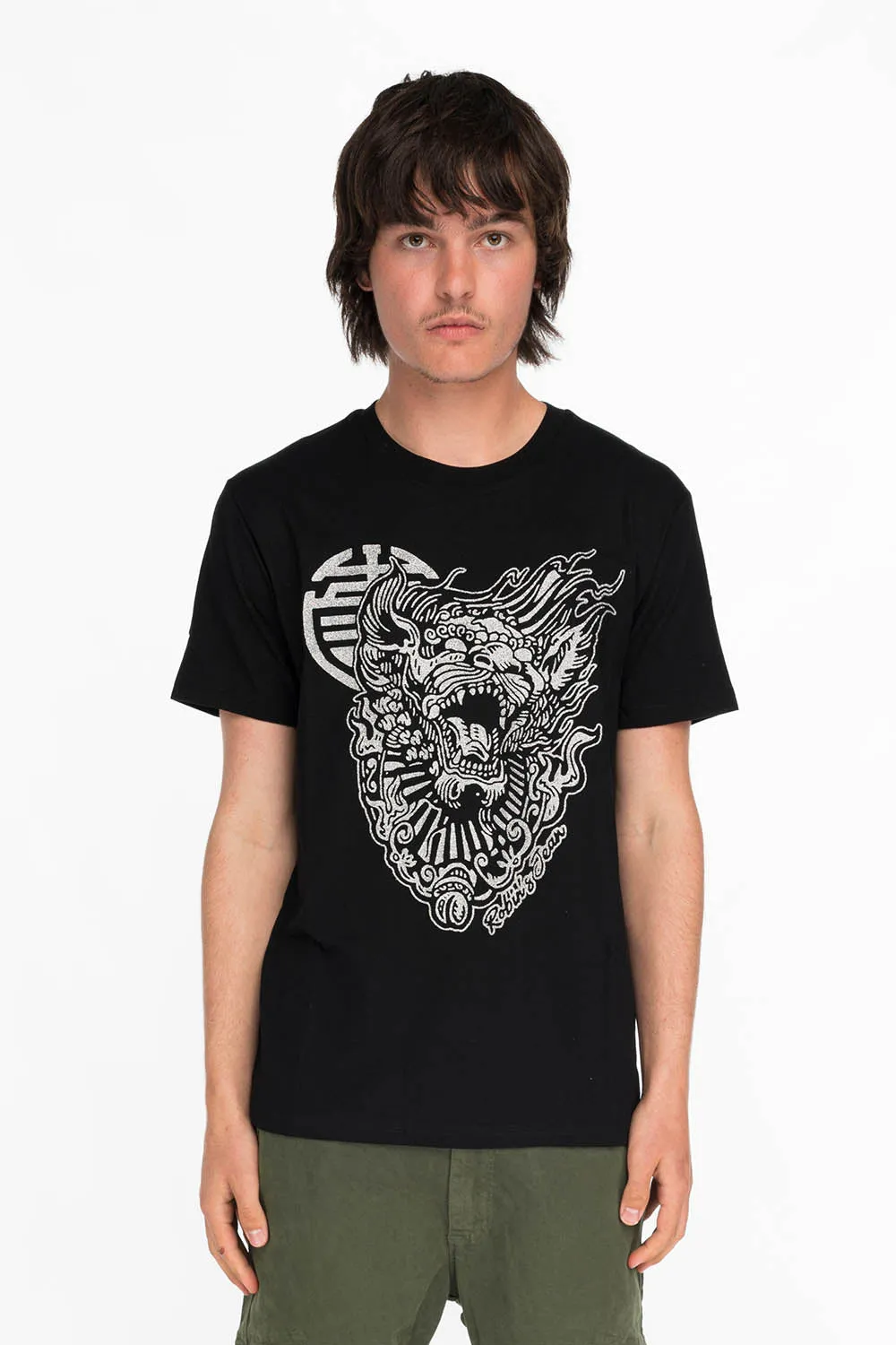 SHISHI LION TEE IN BLACK AND SILVER GLITTER sold by Robin's Jean