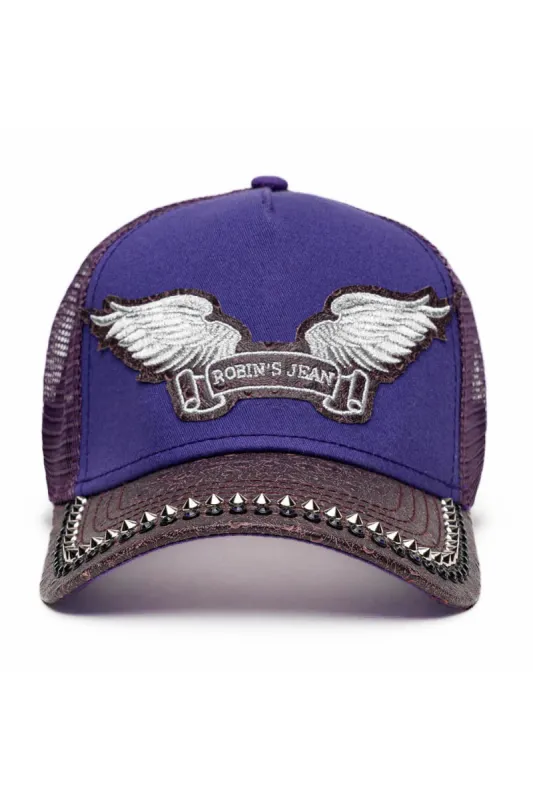 PURPLE/WINE OSTRICH TRUCKER HAT WITH SILVER SPIKE/PURPLE CRYSTAL EMBELLISHMENT sold by Robin's Jean