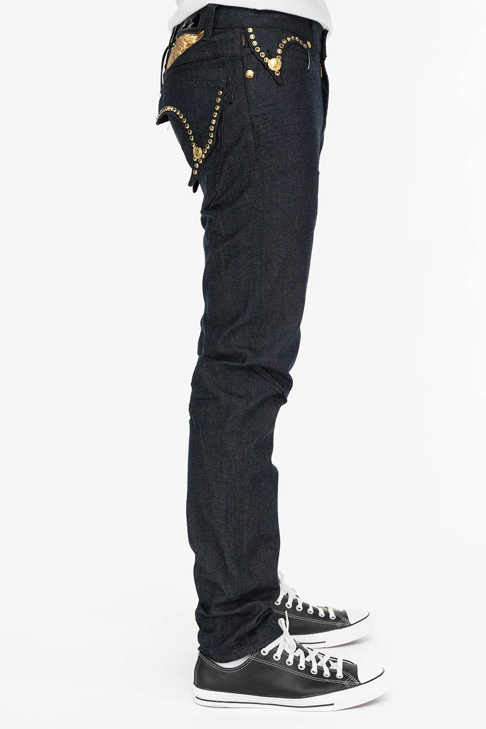 MENS RAW DENIM SLIM FIT KILLER FLAP JEANS WITH GOLD WINGS AND CRYSTALS sold by Robin's Jean product image thumbnail 2