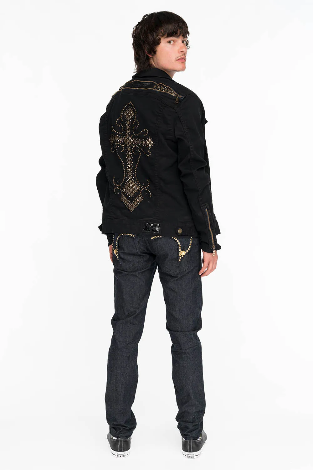 MENS RAW DENIM SLIM FIT KILLER FLAP JEANS WITH GOLD WINGS AND CRYSTALS sold by Robin's Jean product image thumbnail 5