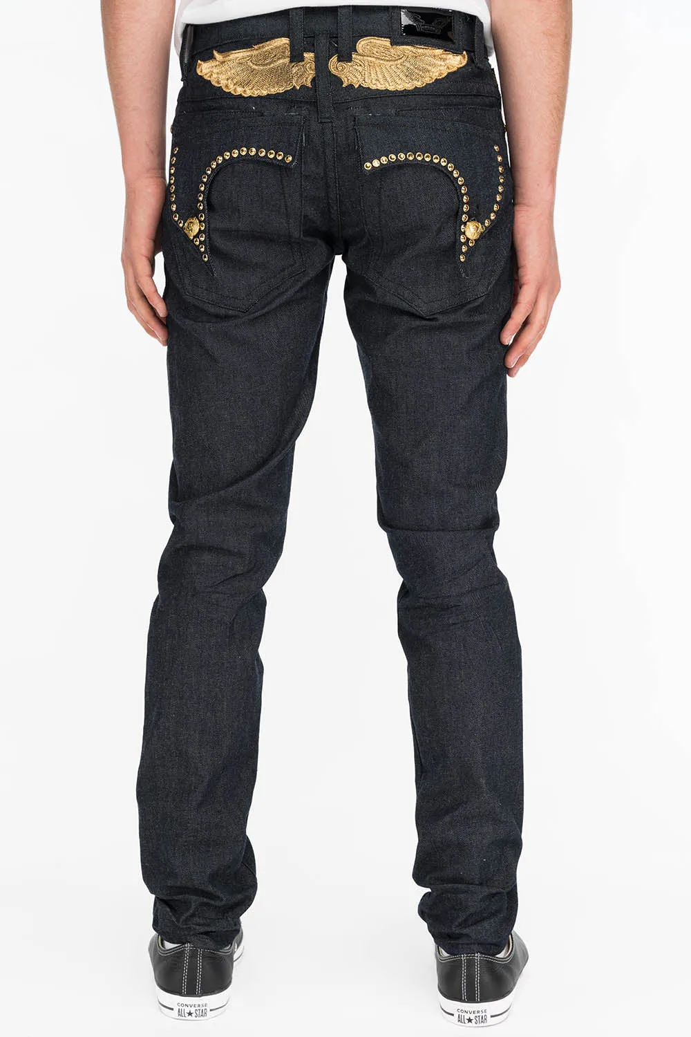 MENS RAW DENIM SLIM FIT KILLER FLAP JEANS WITH GOLD WINGS AND CRYSTALS sold by Robin's Jean