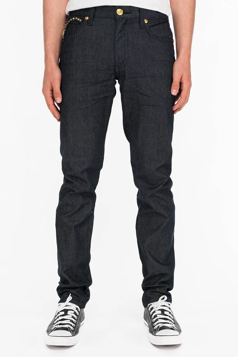 MENS RAW DENIM SLIM FIT KILLER FLAP JEANS WITH GOLD WINGS AND CRYSTALS sold by Robin's Jean product image thumbnail 3