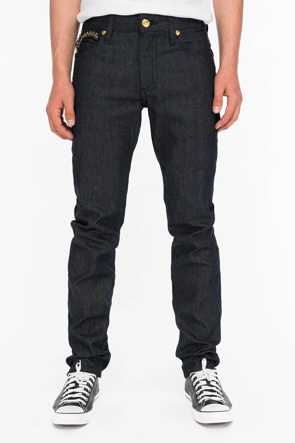MENS RAW DENIM SLIM FIT KILLER FLAP JEANS WITH O.E. SCRIPT AND CRYSTALS sold by Robin's Jean product image thumbnail 4
