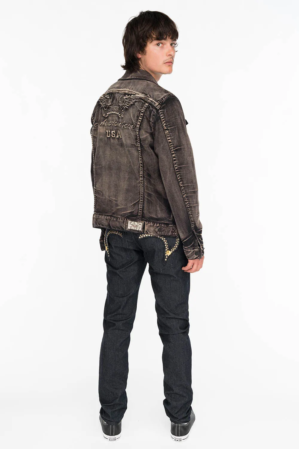MENS RAW DENIM SLIM FIT KILLER FLAP JEANS WITH O.E. SCRIPT AND CRYSTALS sold by Robin's Jean product image thumbnail 5
