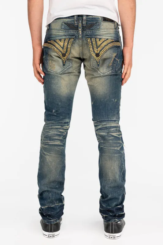 CROSSED OUT LONG FLAP MENS JEANS WITH CRYSTALS IN 4D DARK BROKEN sold by Robin's Jean