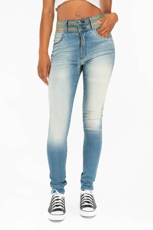 ROBIN'S DOUBLE WAIST SKINNY IN ANTIQUE LIGHT BLUE WITH CRYSTALS sold by Robin's Jean