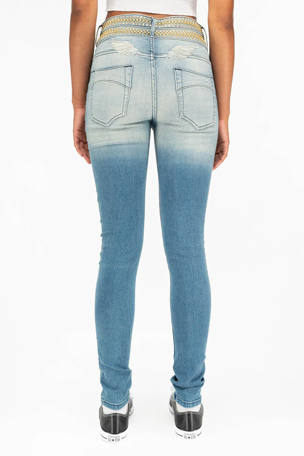 ROBIN'S DOUBLE WAIST SKINNY IN ANTIQUE LIGHT BLUE WITH CRYSTALS sold by Robin's Jean product image thumbnail 3