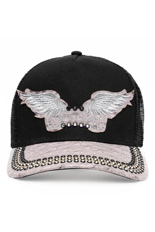 BLK/GREY OSTRICH TRUCKER HAT WITH SILVER EMBELLISHMENT sold by Robin's Jean