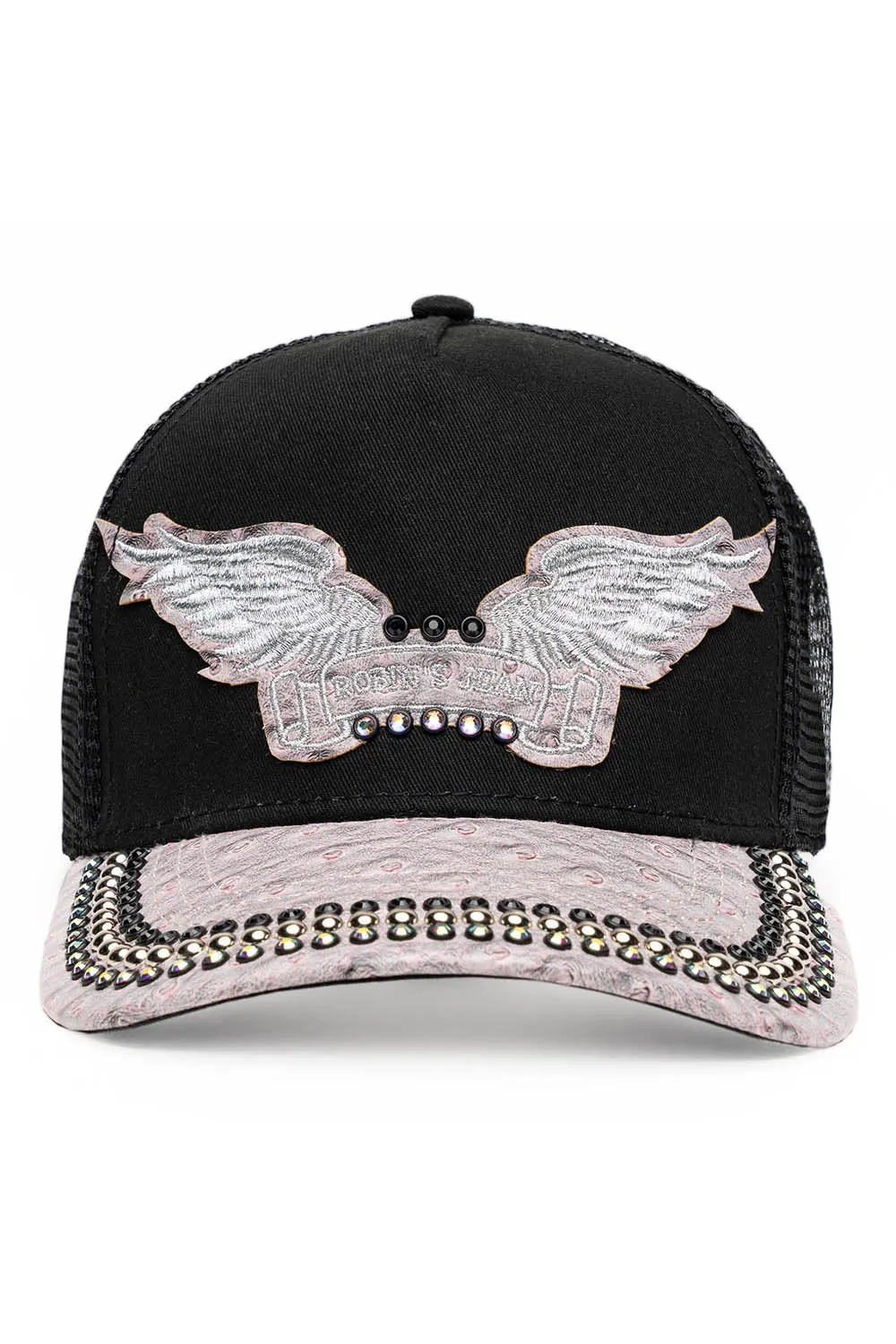 BLK/GREY OSTRICH TRUCKER HAT WITH SILVER EMBELLISHMENT sold by Robin's Jean