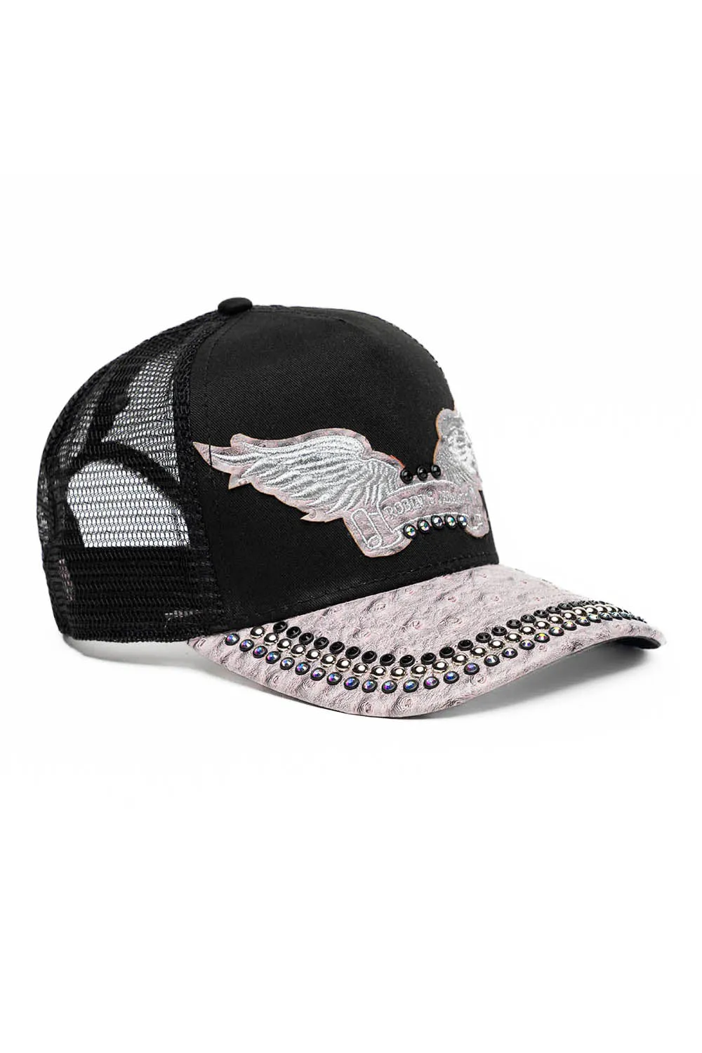 BLK/GREY OSTRICH TRUCKER HAT WITH SILVER EMBELLISHMENT sold by Robin's Jean product image thumbnail 3