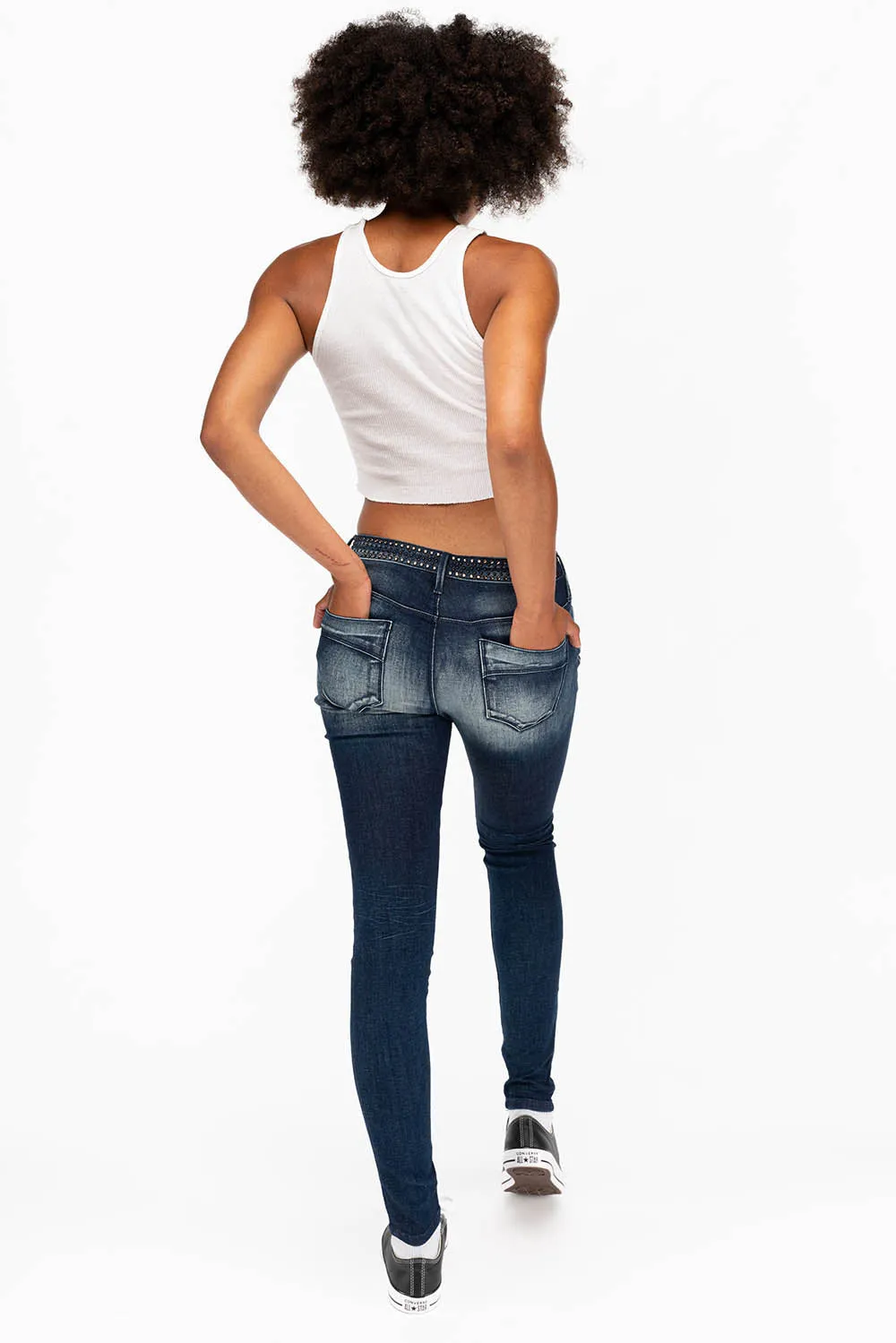 WOMENS MIDRISE SKINNY JEANS IN DARK BLUE WASH WITH CRYSTAL STARS sold by Robin's Jean product image thumbnail 5