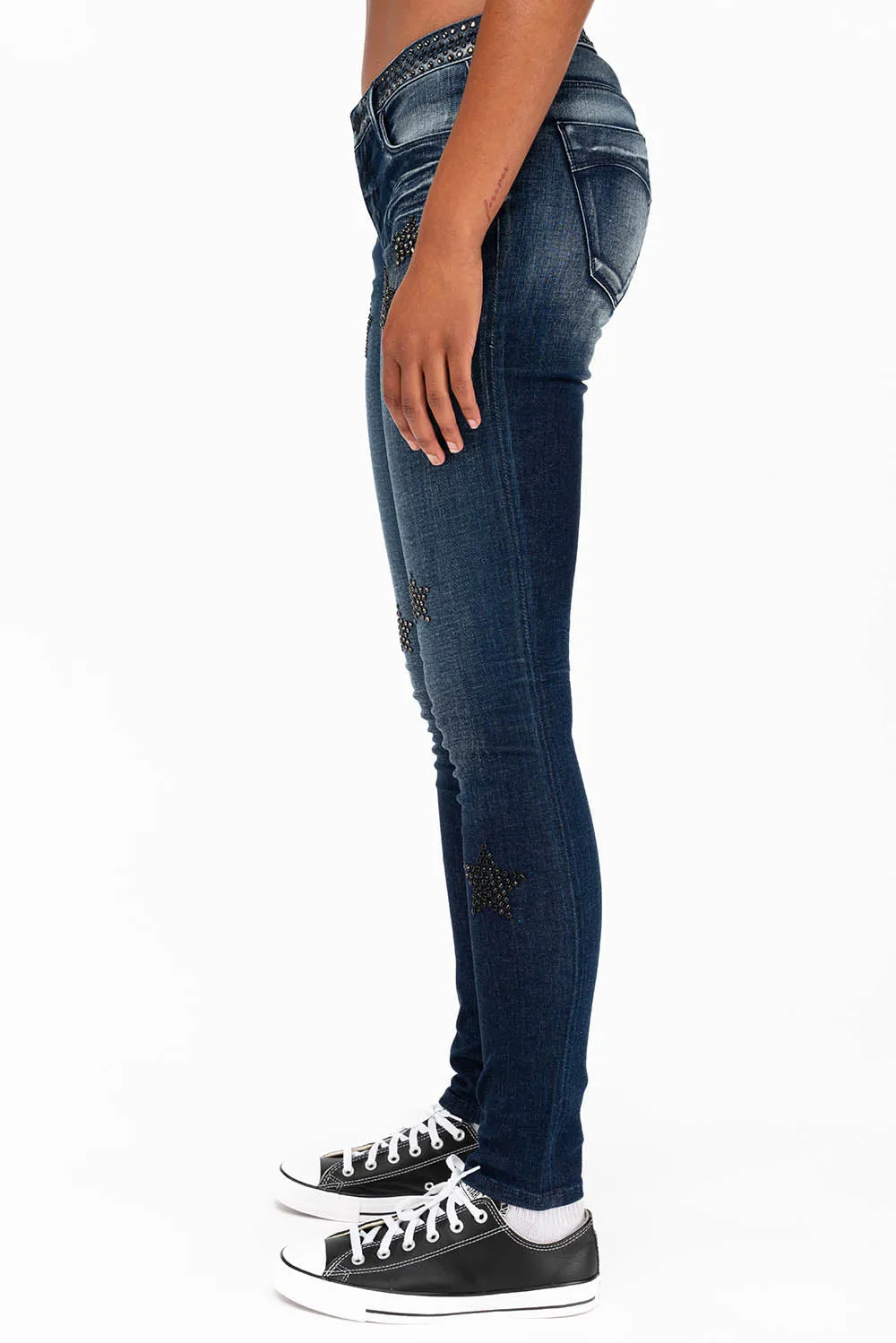 WOMENS MIDRISE SKINNY JEANS IN DARK BLUE WASH WITH CRYSTAL STARS sold by Robin's Jean product image thumbnail 2