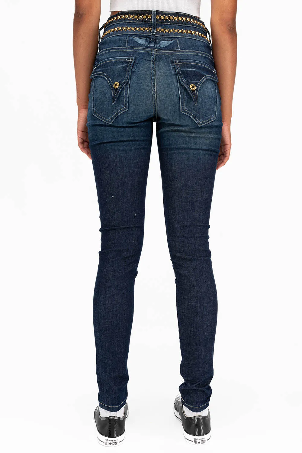 WOMENS KILLER FLAP DOUBLE WAIST HIGH RISE SKINNY JEANS IN LIBERTY DARK WITH STUDS AND CRYSTALS sold by Robin's Jean product image thumbnail 3