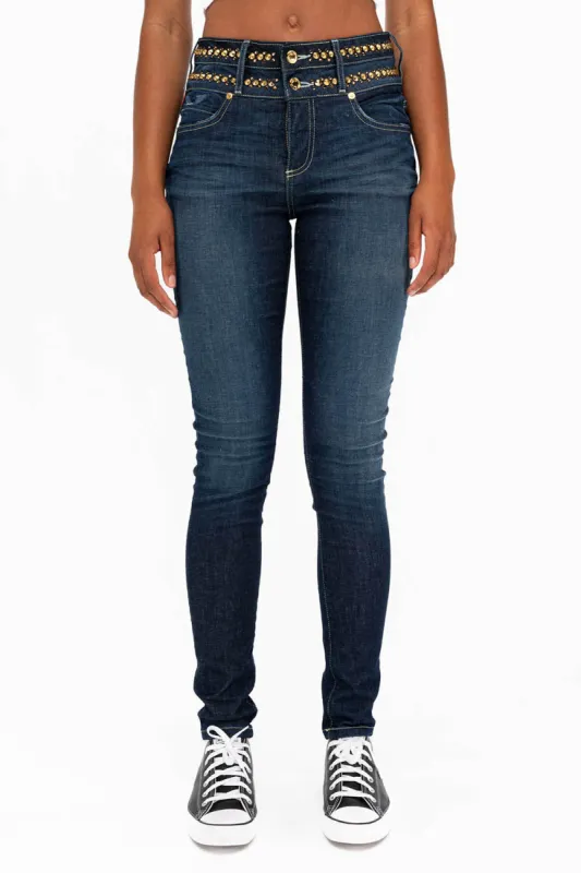 WOMENS KILLER FLAP DOUBLE WAIST HIGH RISE SKINNY JEANS IN LIBERTY DARK WITH STUDS AND CRYSTALS sold by Robin's Jean