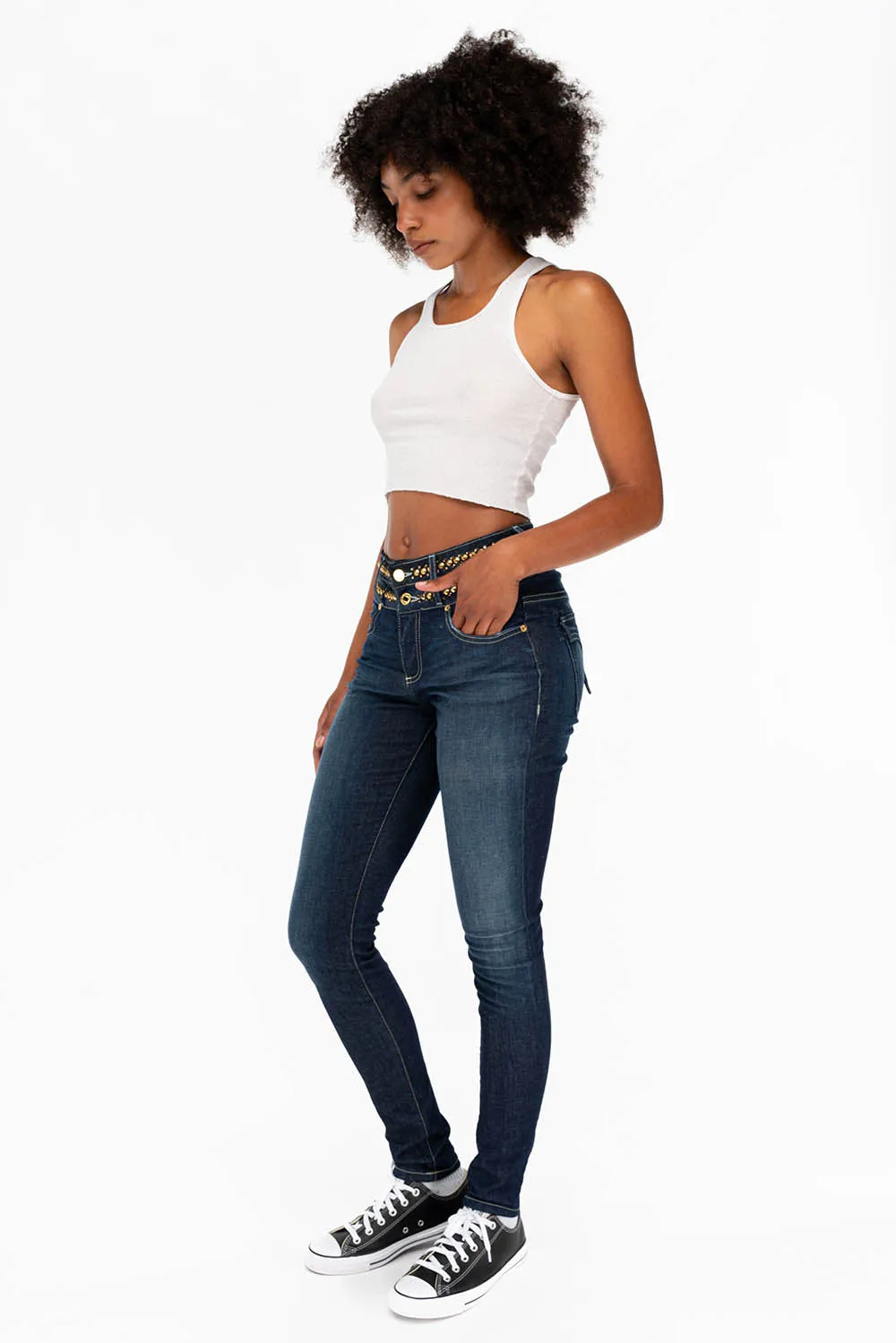 WOMENS KILLER FLAP DOUBLE WAIST HIGH RISE SKINNY JEANS IN LIBERTY DARK WITH STUDS AND CRYSTALS sold by Robin's Jean product image thumbnail 5