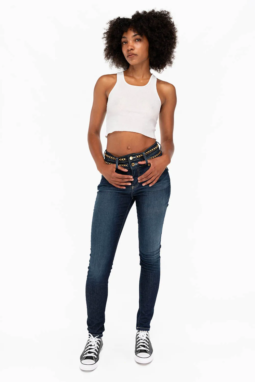 WOMENS KILLER FLAP DOUBLE WAIST HIGH RISE SKINNY JEANS IN LIBERTY DARK WITH STUDS AND CRYSTALS sold by Robin's Jean product image thumbnail 4