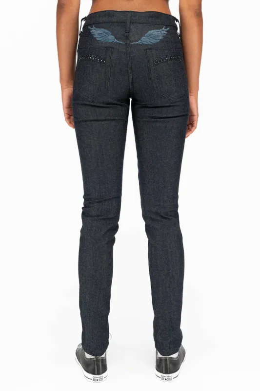 WOMENS CLASSIC 5 POCKET SKINNY JEANS WITH MONTANA BLUE CRYSTALS IN RAW sold by Robin's Jean