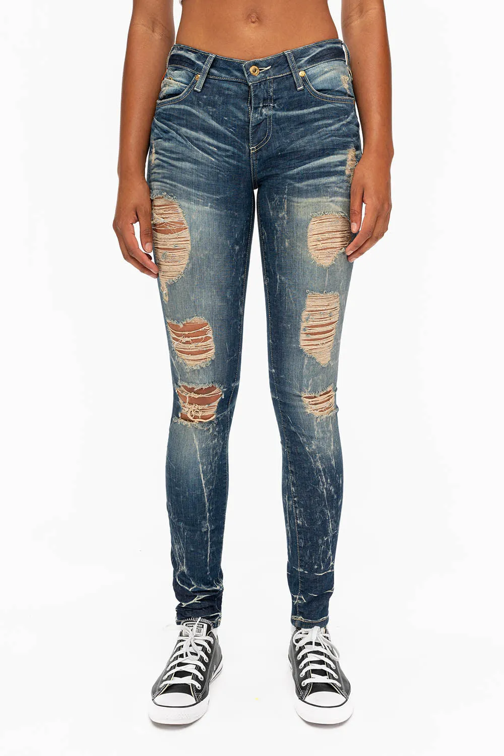 KILLER FLAP WOMENS RIPPED MID RISE SKINNY JEANS IN 4D DARK BROKEN WASH WITH CRYSTALS sold by Robin's Jean product image thumbnail 2