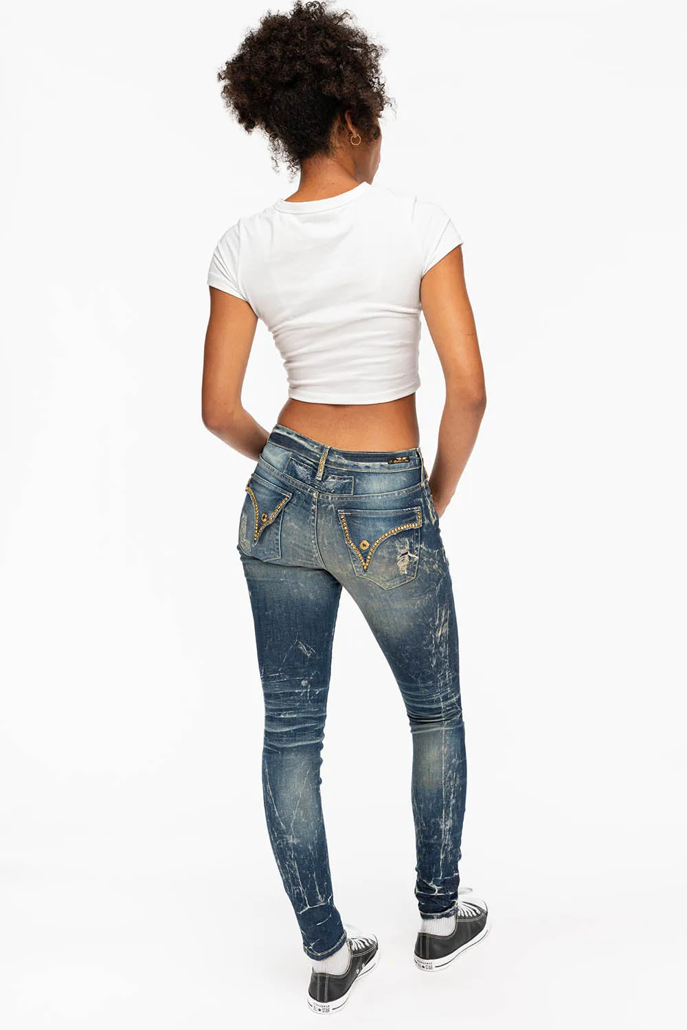 KILLER FLAP WOMENS RIPPED MID RISE SKINNY JEANS IN 4D DARK BROKEN WASH WITH CRYSTALS sold by Robin's Jean product image thumbnail 5