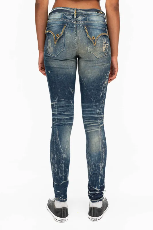 KILLER FLAP WOMENS RIPPED MID RISE SKINNY JEANS IN 4D DARK BROKEN WASH WITH CRYSTALS sold by Robin's Jean