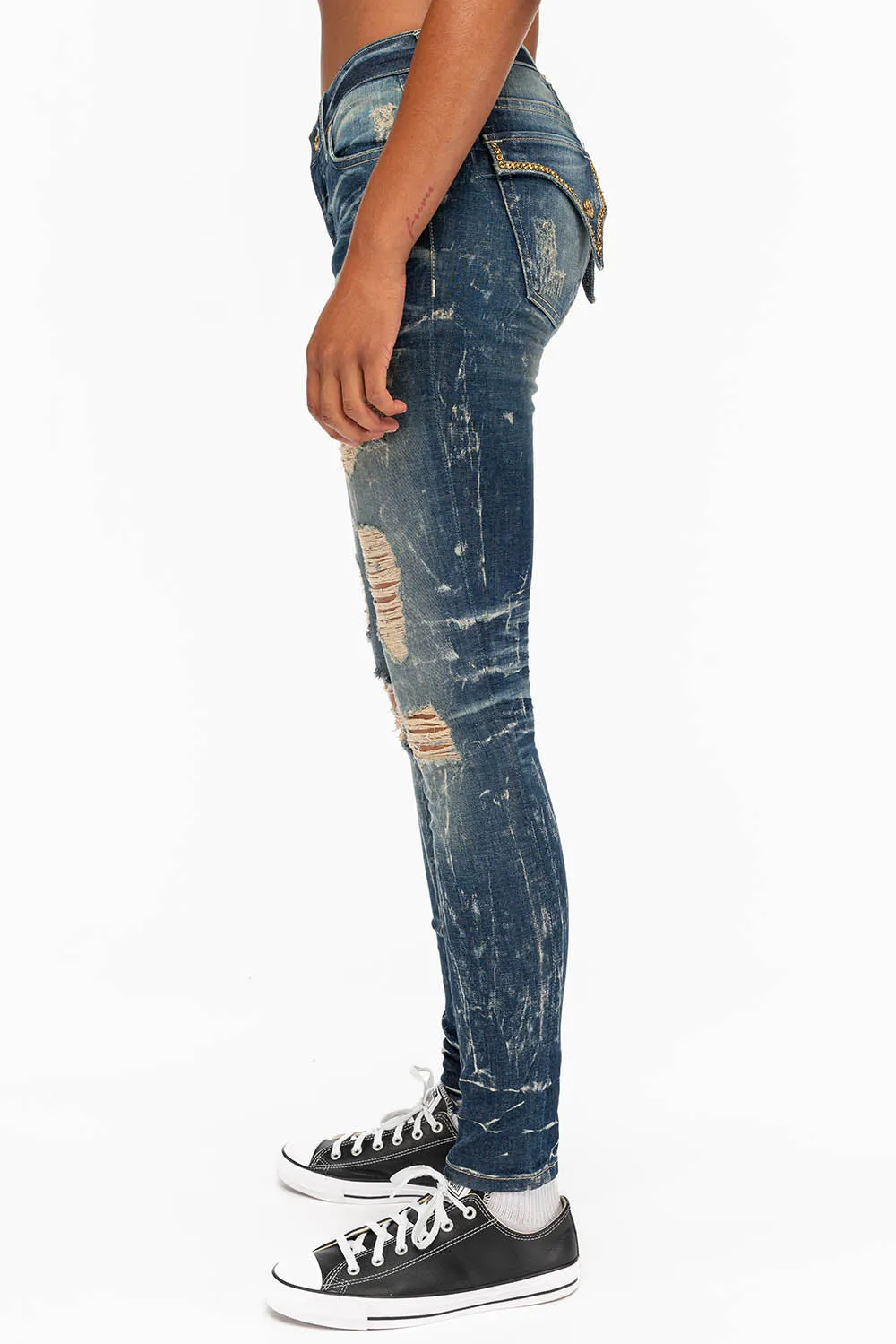KILLER FLAP WOMENS RIPPED MID RISE SKINNY JEANS IN 4D DARK BROKEN WASH WITH CRYSTALS sold by Robin's Jean product image thumbnail 3