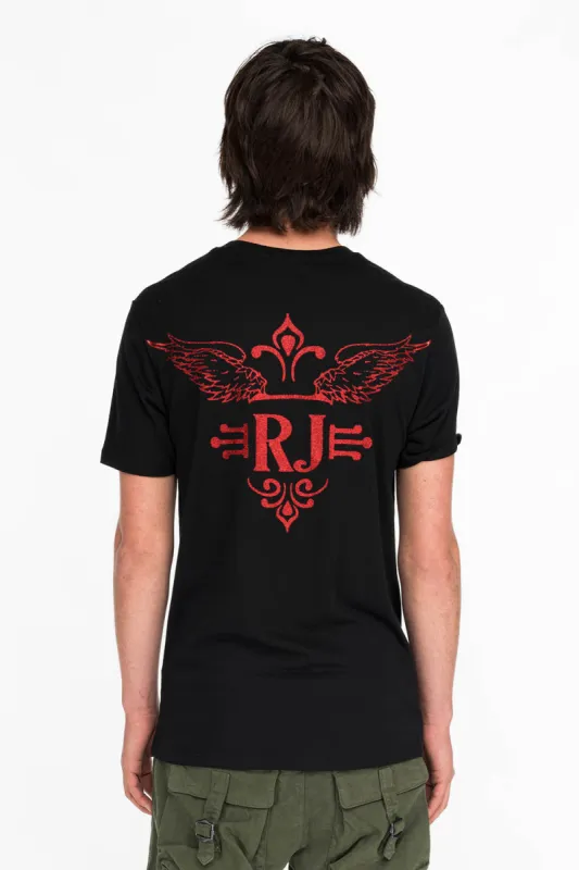 RED GLITTER FLEUR TEE WITH WINGS ON BACK IN BLACK sold by Robin's Jean