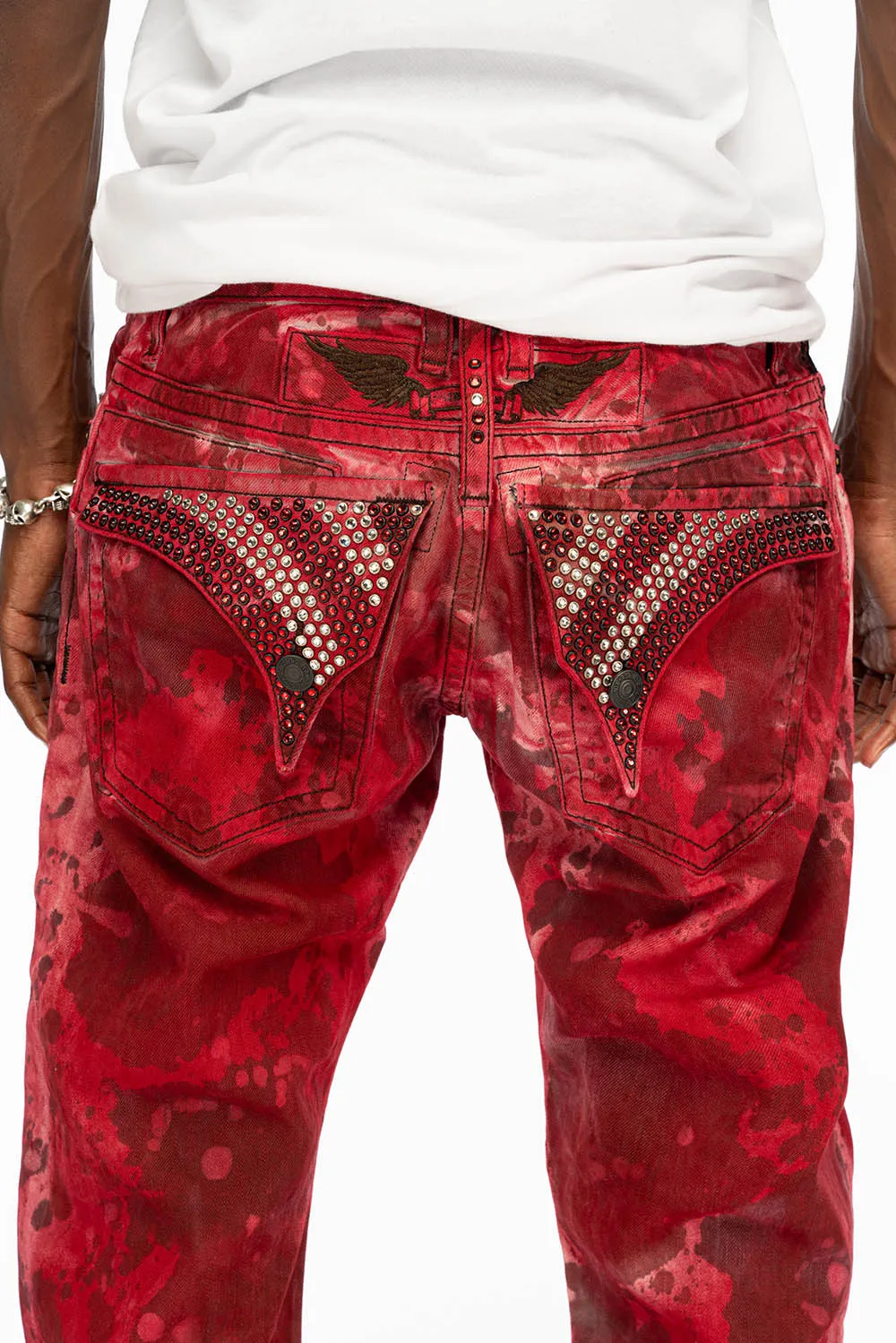 LONG FLAP STRAIGHT LEG JEANS WITH CRYSTALS IN REPAINT WASH sold by Robin's Jean