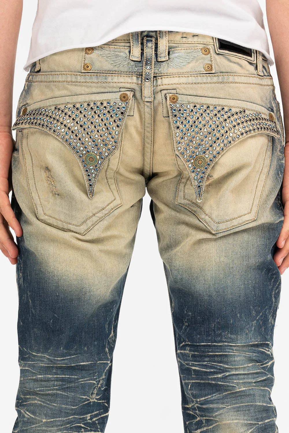 MENS LONG FLAP POCKET JEANS WITH CRYSTALS IN 5D DARK BROKEN sold by Robin's Jean product image thumbnail 3