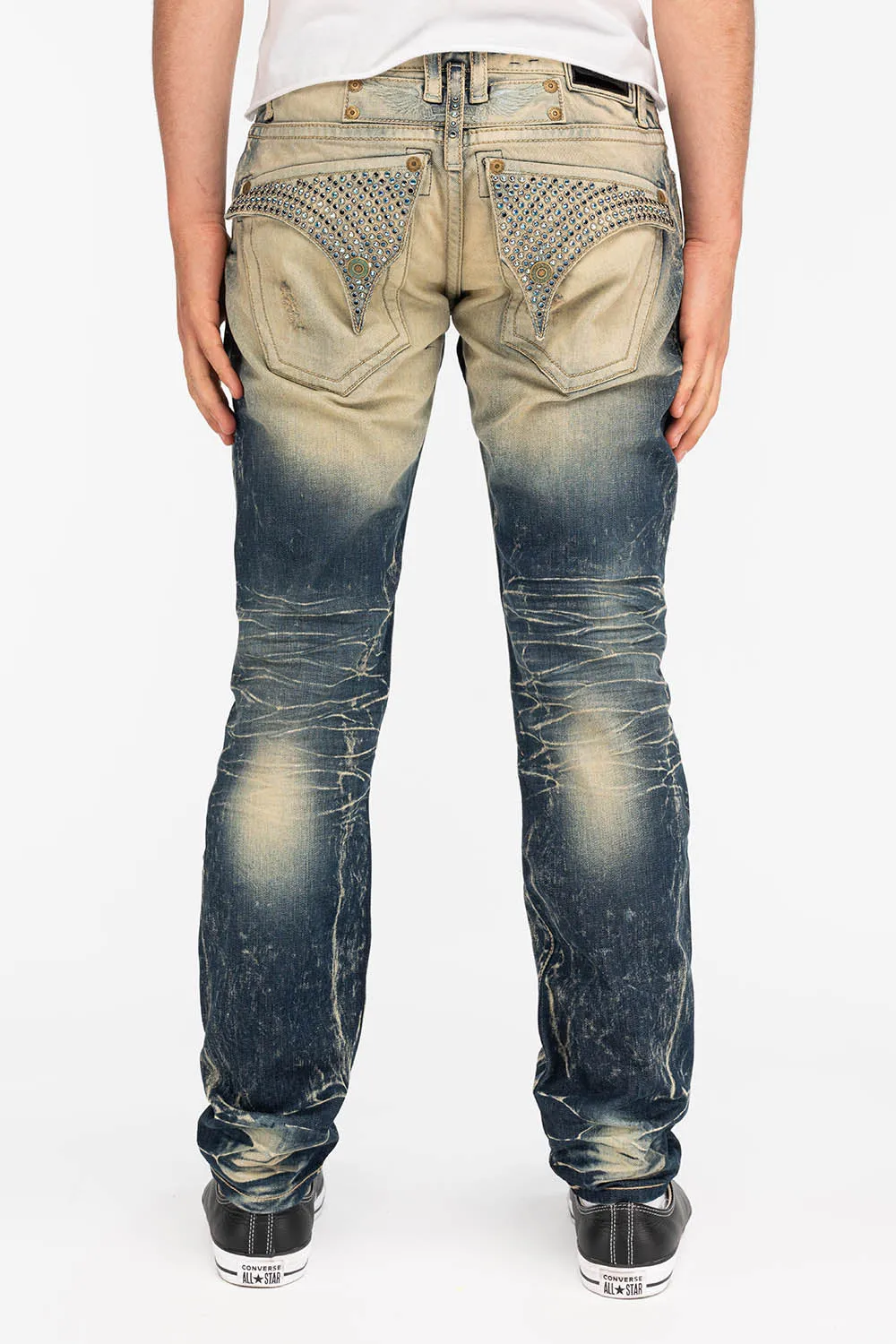 MENS LONG FLAP POCKET JEANS WITH CRYSTALS IN 5D DARK BROKEN sold by Robin's Jean