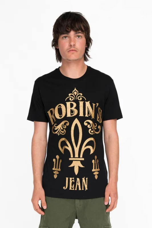 GOLD GLITTER FLEUR TEE IN BLACK sold by Robin's Jean