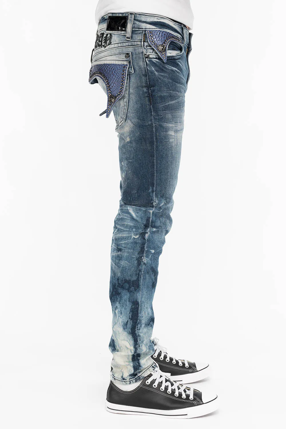 KILLER FLAP MENS SKINNY JEANS IN CLOUD JAPAN WITH INDIGO CROCODILE FLAPS sold by Robin's Jean product image thumbnail 2