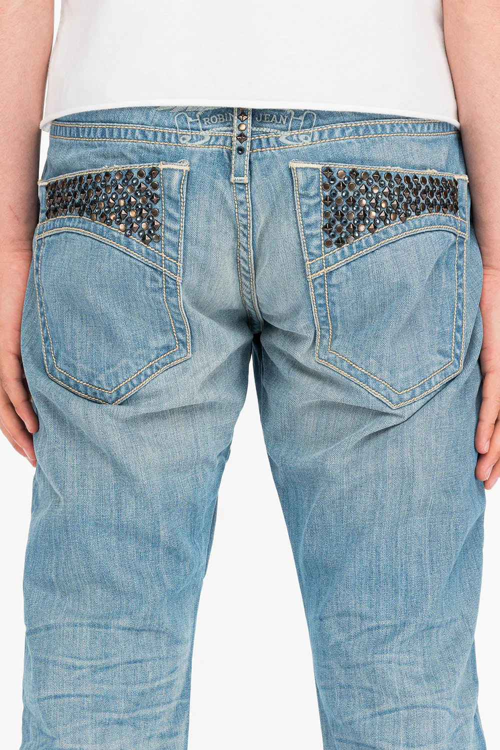 MENS CLASSIC 5 POCKET STRAIGHT LEG JEANS IN 3D LIGHT WITH STUDS AND CRYSTALS sold by Robin's Jean product image thumbnail 4