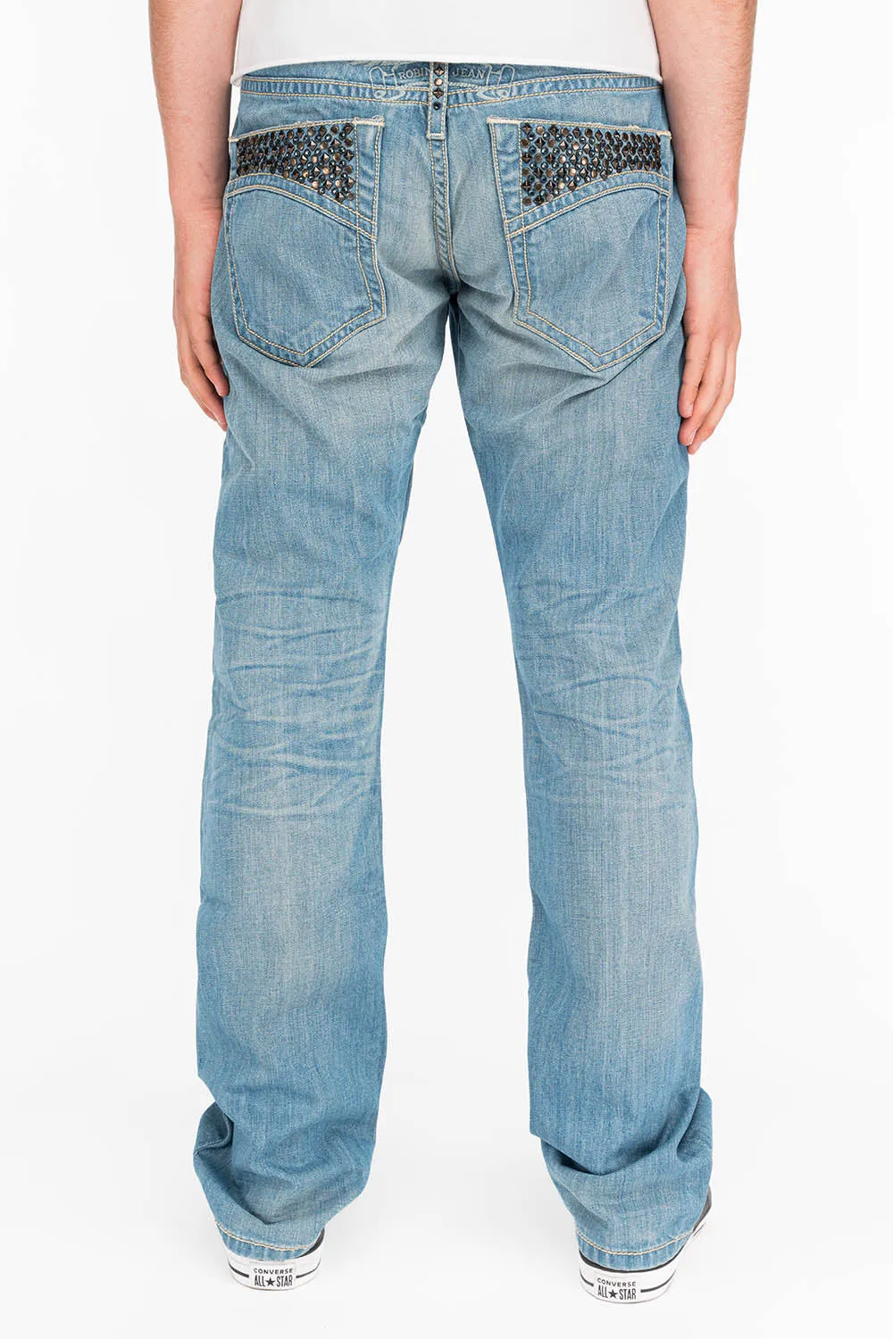 MENS CLASSIC 5 POCKET STRAIGHT LEG JEANS IN 3D LIGHT WITH STUDS AND CRYSTALS sold by Robin's Jean