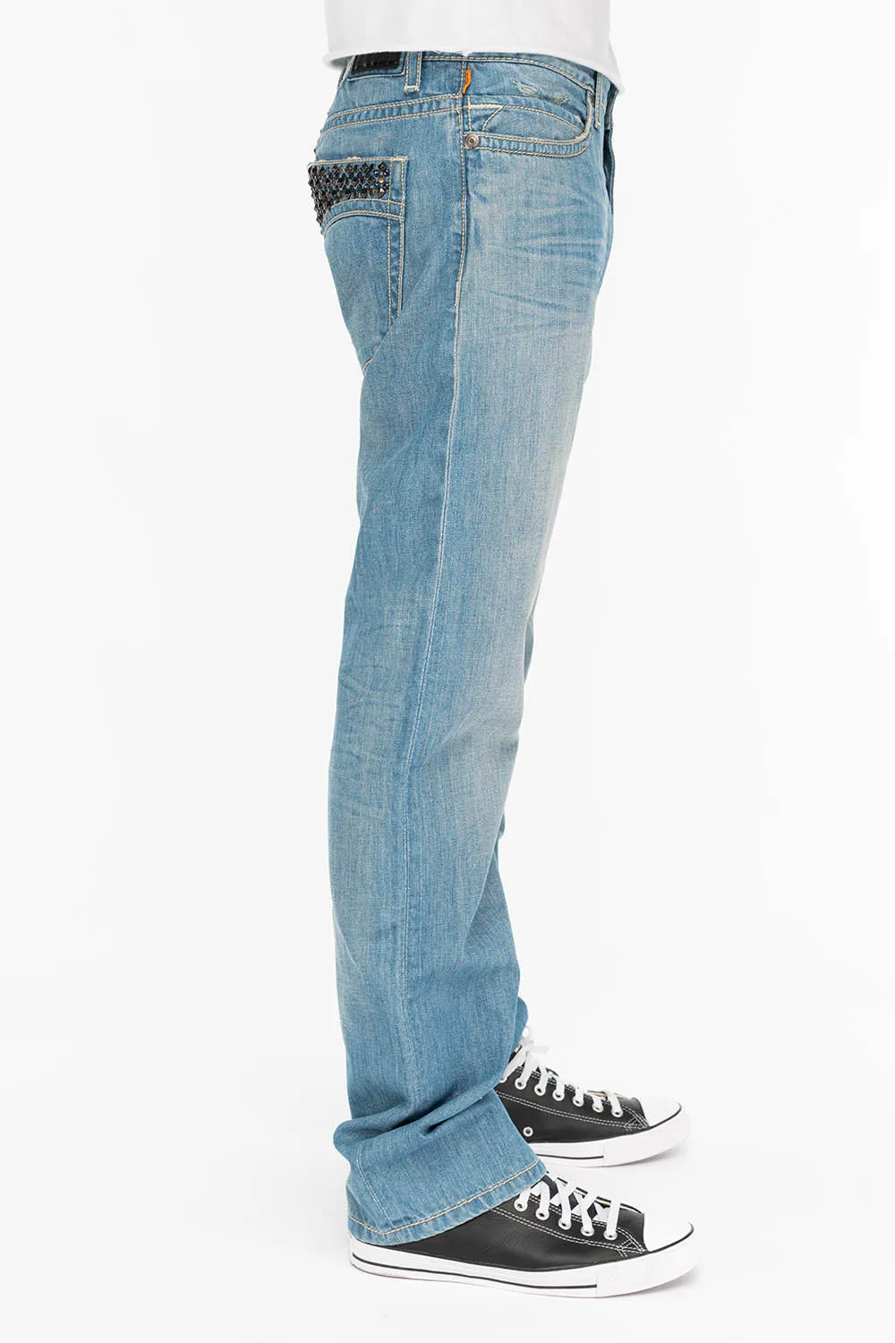 MENS CLASSIC 5 POCKET STRAIGHT LEG JEANS IN 3D LIGHT WITH STUDS AND CRYSTALS sold by Robin's Jean product image thumbnail 3