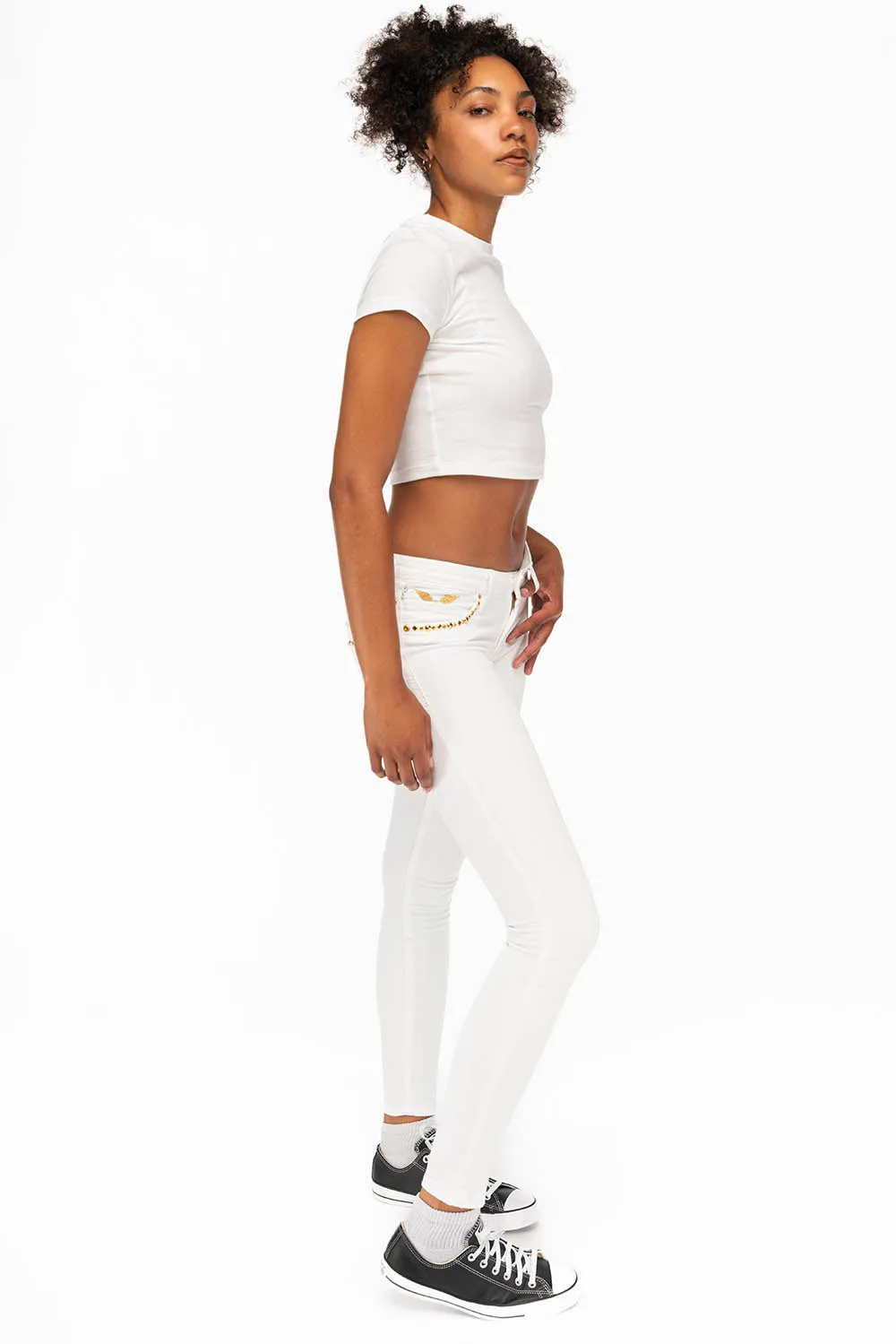 MARILYN WOMENS STUDDED SKINNY JEANS IN WHITE WITH GOLD WINGS AND GOLD STUDS AND CRYSTALS sold by Robin's Jean product image thumbnail 4